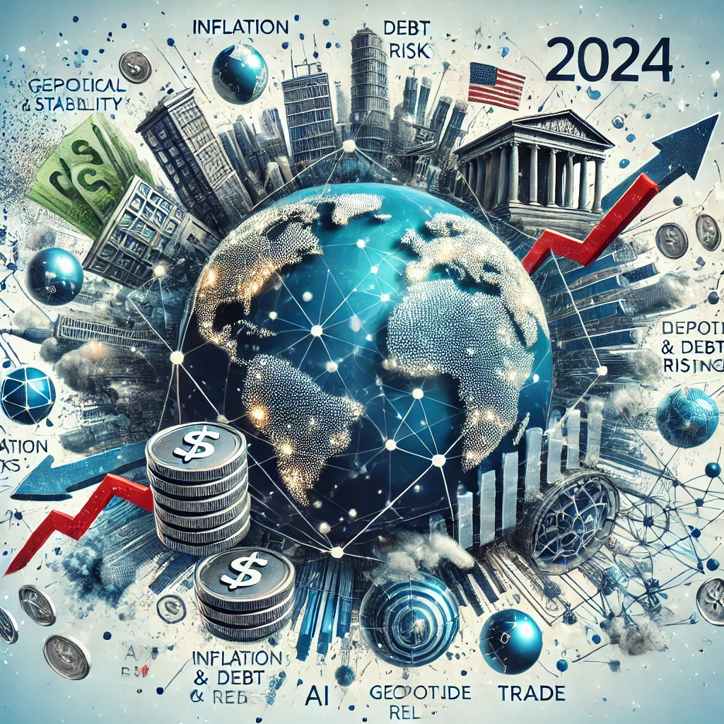 Illustration of the global economy balancing on the edge of stability and fragmentation, featuring a globe surrounded by symbols like coins, a crumbling building, inflation arrows, AI nodes, and geopolitical trade lines.