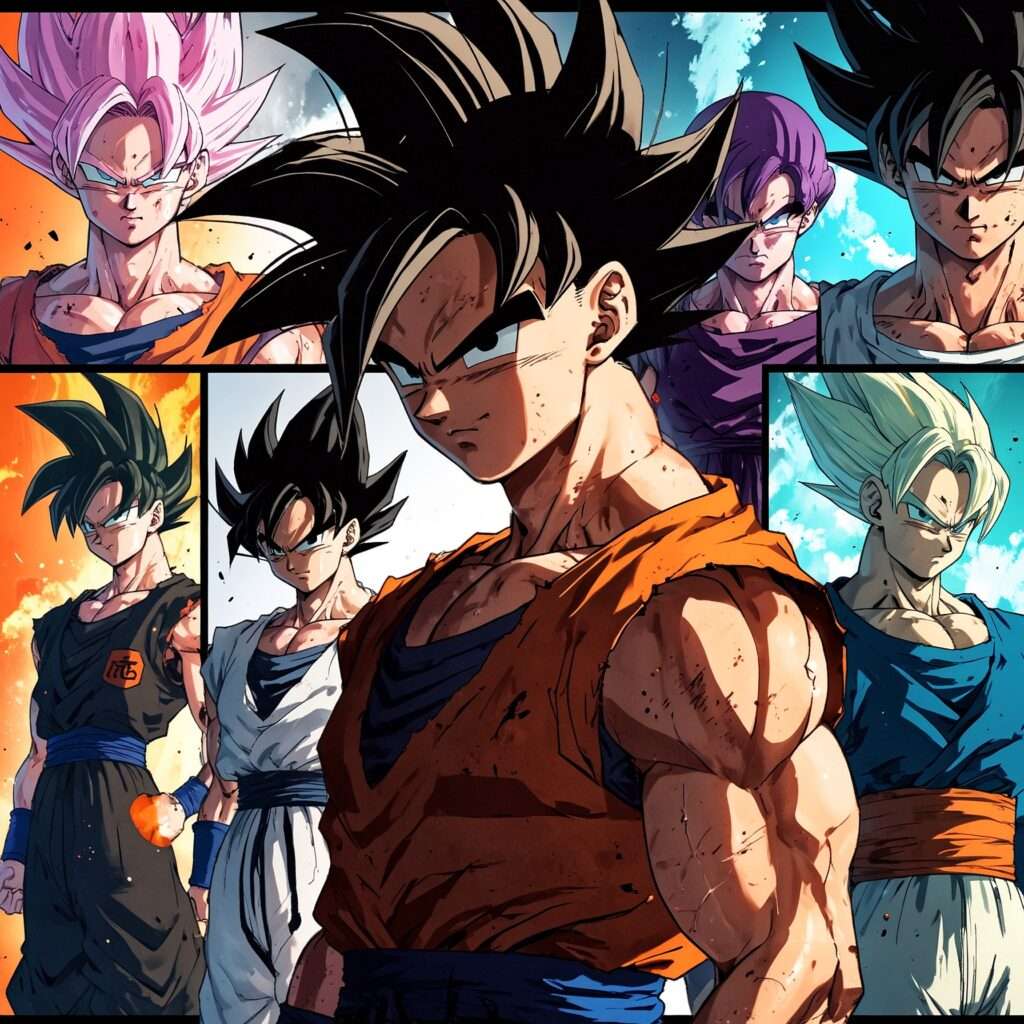 "Collage of Goku’s transformations from base form to Super Saiyan God, showcasing his evolution in power across Dragon Ball Z."
