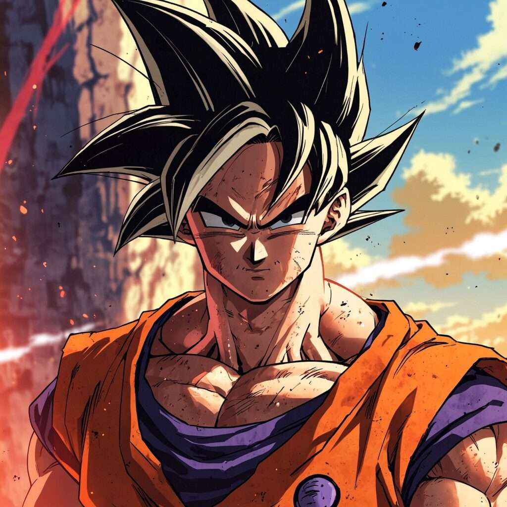 "Goku in his iconic Super Saiyan form, standing determined with a battle-scarred look against a dramatic background."
