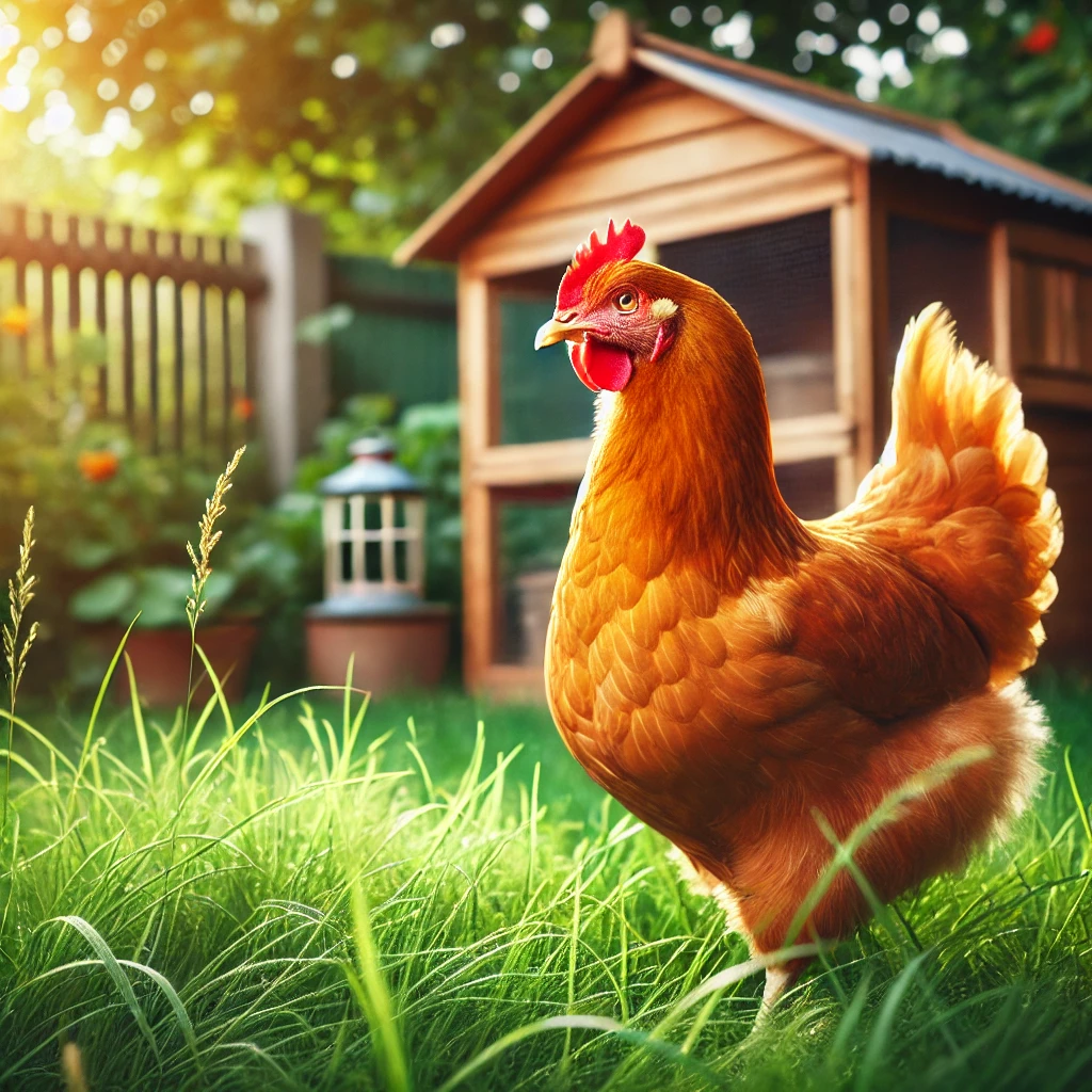 "Golden Comet chicken with golden-brown feathers and a red comb, standing in a sunny backyard near a wooden coop."

