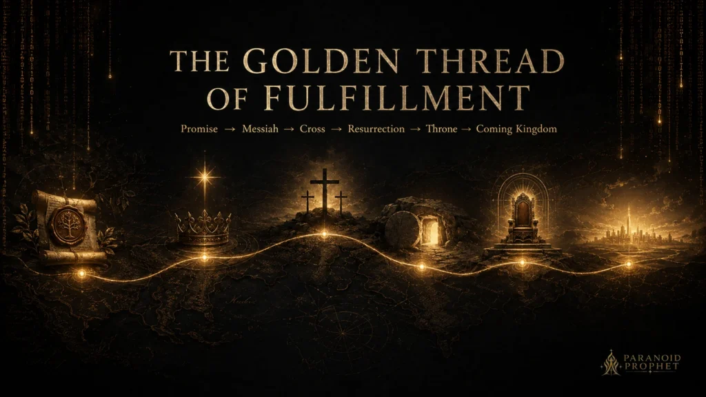 Banner showing the golden thread of messianic fulfillment through Scripture, moving from promise to Messiah, cross, resurrection, throne, and coming kingdom.