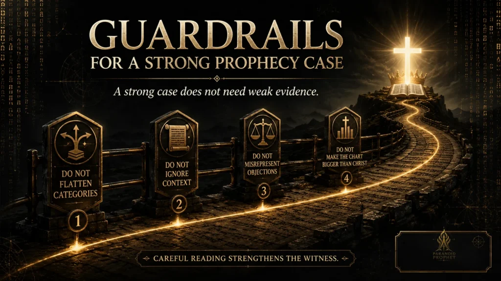 Banner showing four guardrails for a strong messianic prophecy case: do not flatten categories, do not ignore context, do not misrepresent objections, and do not make the chart bigger than Christ.
