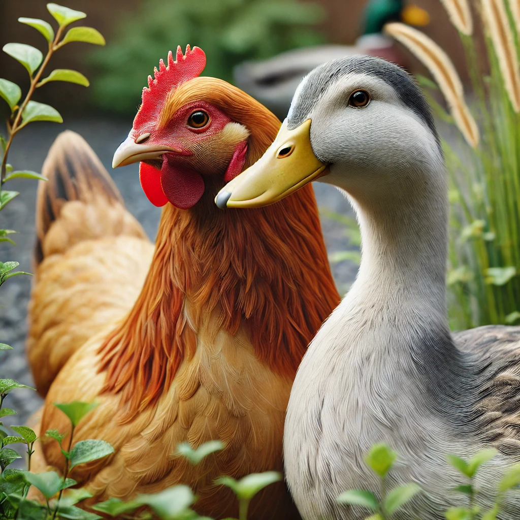 Flock with Chickens and Ducks Together. Close-up image of a hen and a duck standing side by side in a natural backyard setting