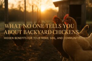 A warm morning backyard scene with chickens roaming near a compost pile and garden beds, overlaid with gold serif text reading “What No One Tells You About Backyard Chickens – Hidden Benefits for Mind, Soil, and Community.”