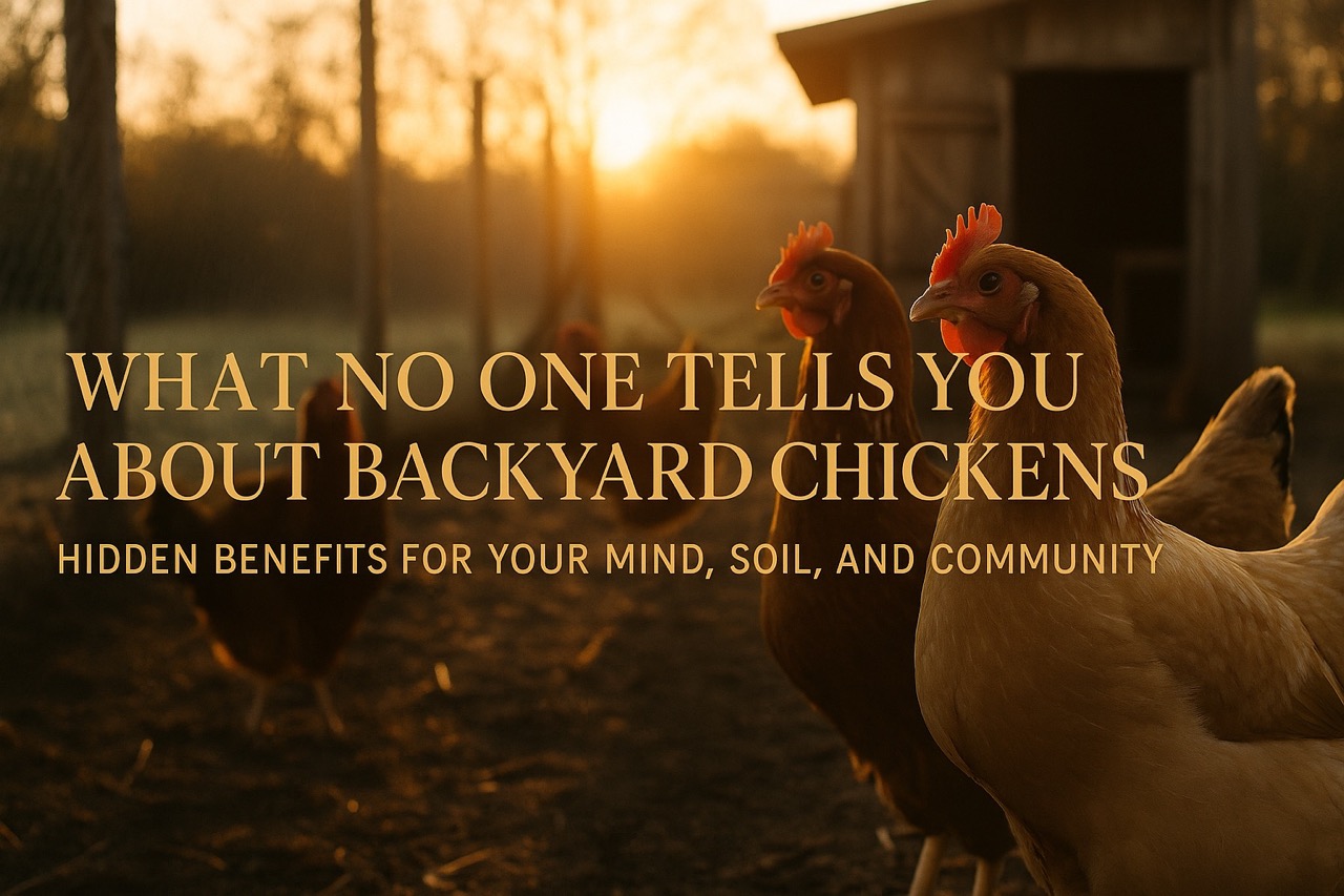 A warm morning backyard scene with chickens roaming near a compost pile and garden beds, overlaid with gold serif text reading “What No One Tells You About Backyard Chickens – Hidden Benefits for Mind, Soil, and Community.”