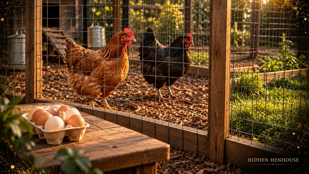 Two hens stand in a mulched chicken run beside a protected patch of grass, with a small carton of eggs on a separate clean table in the foreground.