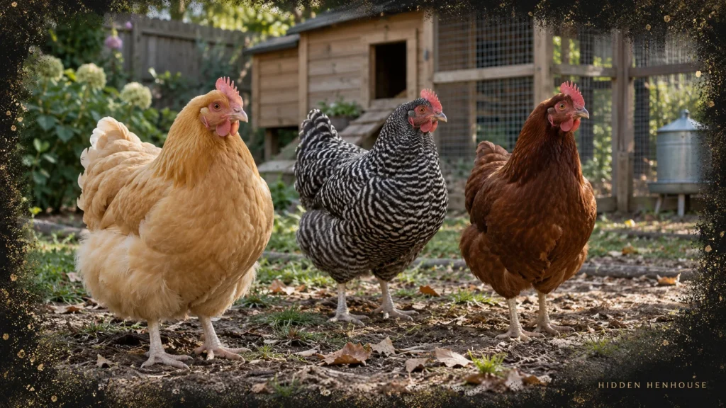 Buff, barred and red hens standing in an ordinary backyard beside a sheltered coop.