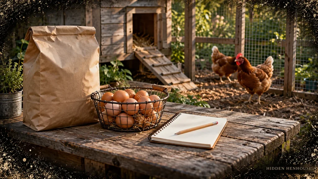 Feed sack, eggs, notebook and pencil on a work table beside a backyard coop and hens.