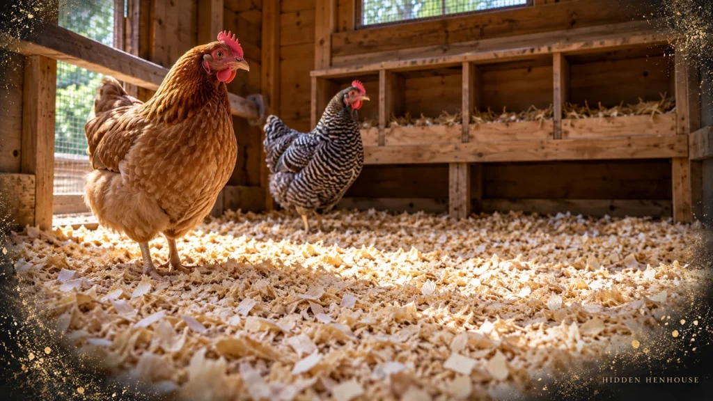 Two hens stand on clean pine shavings in a wooden coop with raised nest boxes and screened openings.