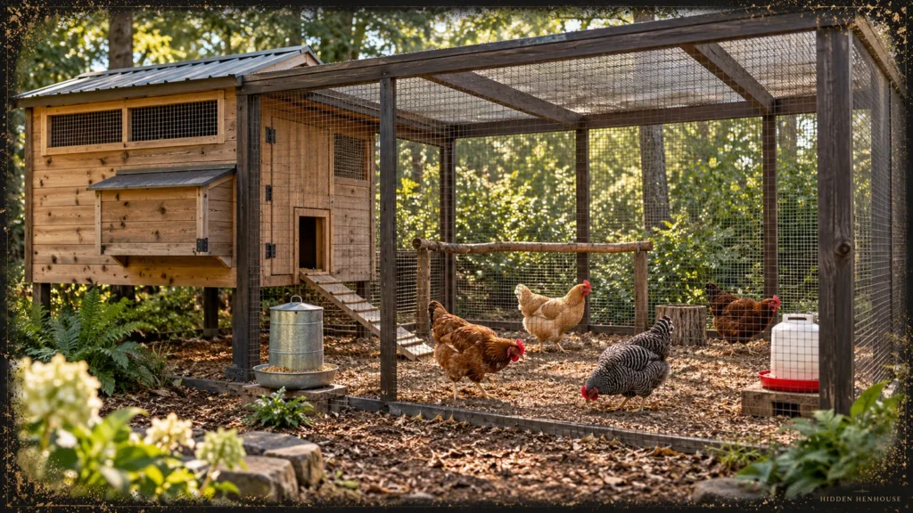 Four hens use a mesh-enclosed run attached to a wooden coop, with a perch, feeder, waterer and dry ground.