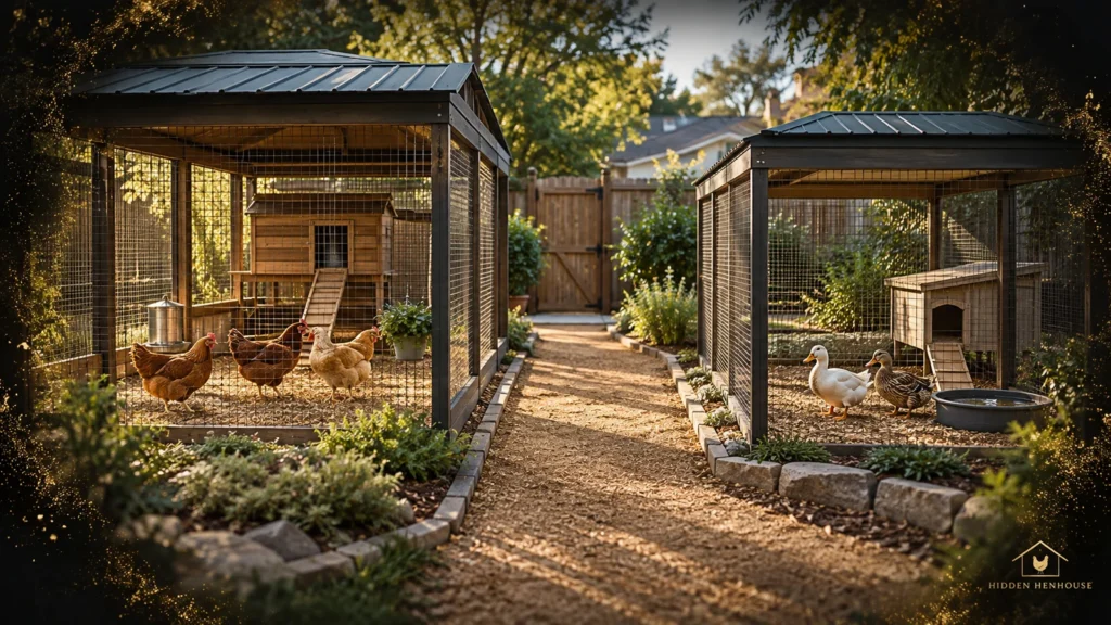 Chickens and ducks occupy separate roofed backyard enclosures with a dry walkway between them.