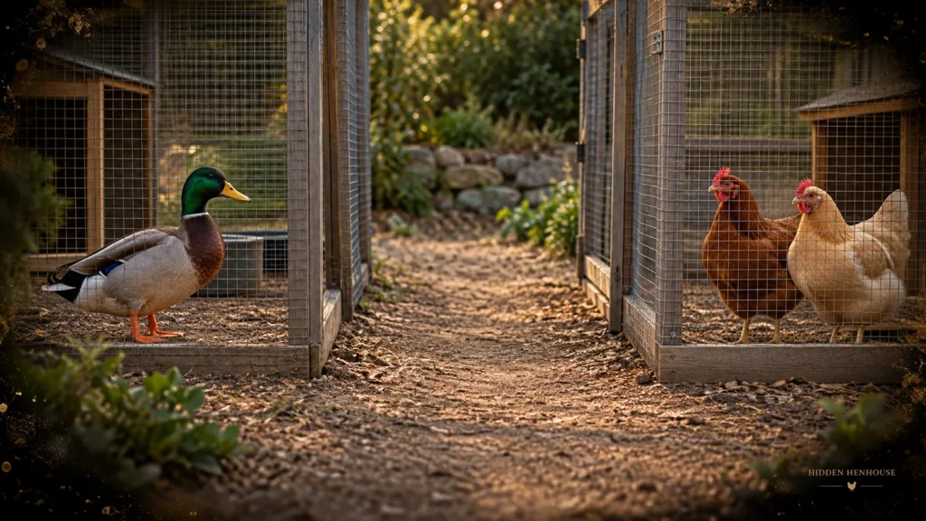 An adult male mallard-type duck and two hens in separate backyard enclosures with a clear gap between their fences.