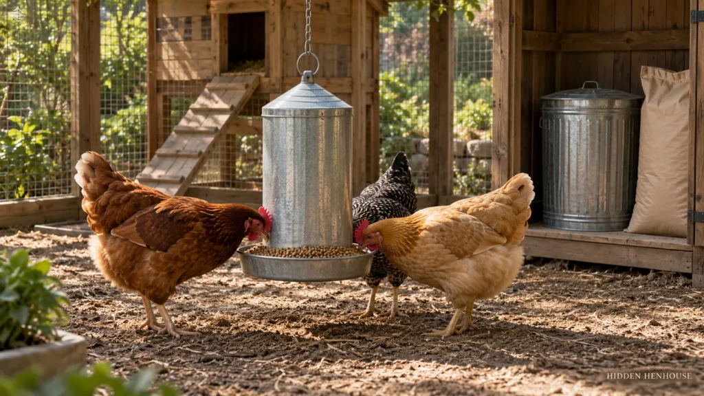 Hens eat from a sheltered hanging feeder beside a separate dry storage nook with a closed feed bin.