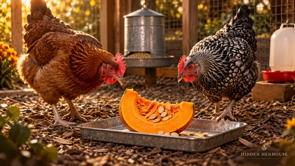 Illustration of two hens beside a fresh pumpkin wedge and plain seeds on a shallow tray, with feed and water behind them.