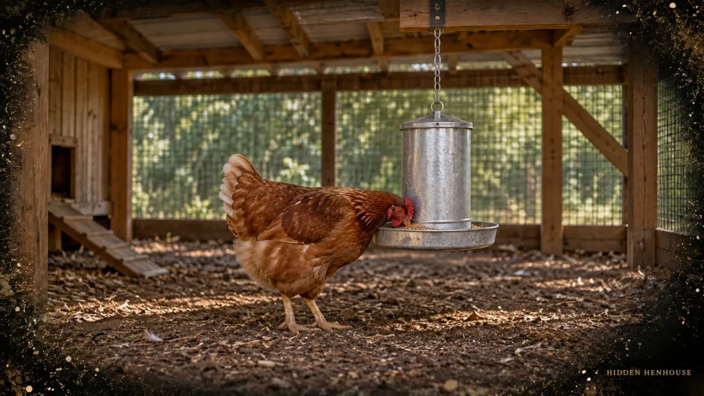 Hen beside a securely hung galvanized tray feeder under the roof of a dry covered run.
