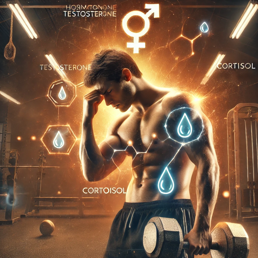 Frustrated male athlete surrounded by symbolic representations of hormonal imbalance, with testosterone diminishing and cortisol elevated, reflecting the challenge of muscle development during intense training.