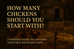 Golden hour photo of three backyard chickens with sign reading “3–5 Chickens” and rustic coop in background