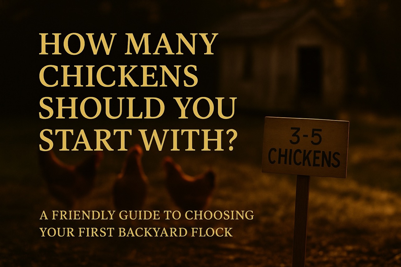 Golden hour photo of three backyard chickens with sign reading “3–5 Chickens” and rustic coop in background
