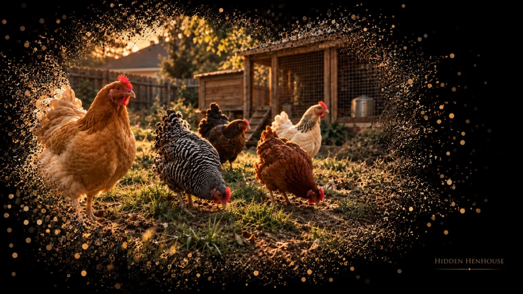Backyard hens foraging beside a chicken coop in a neighborhood yard.