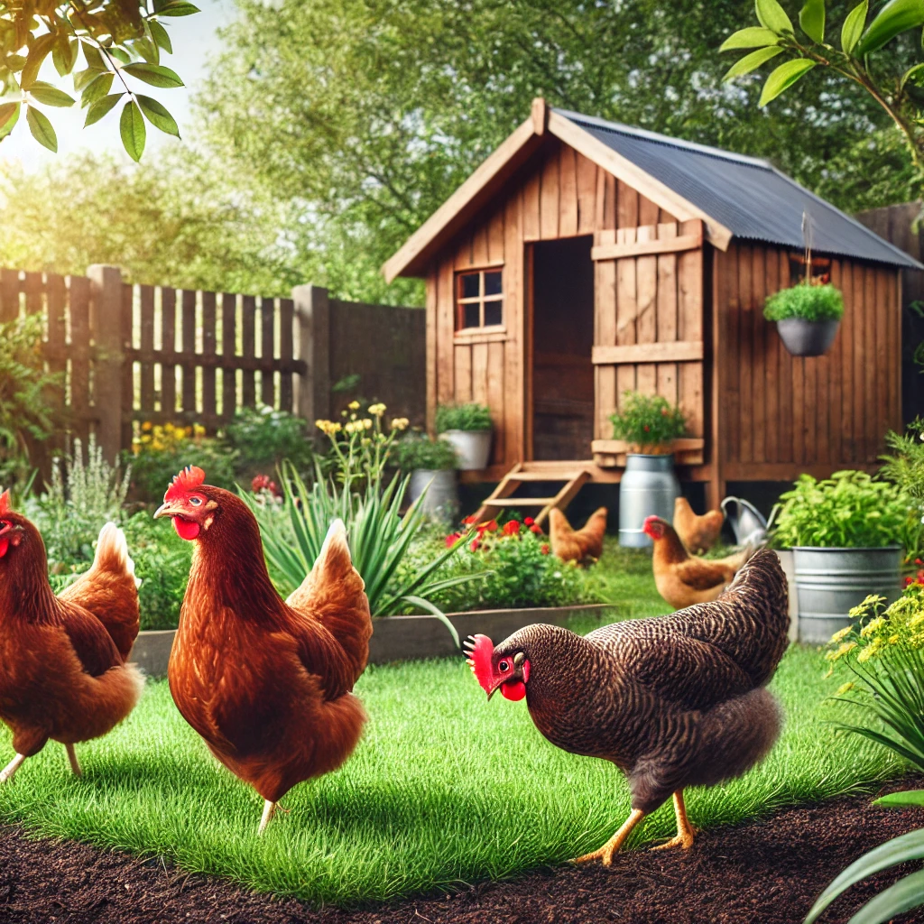 "Ideal starting flock of 3 backyard hens for beginners, including Rhode Island Reds and a Barred Rock."
