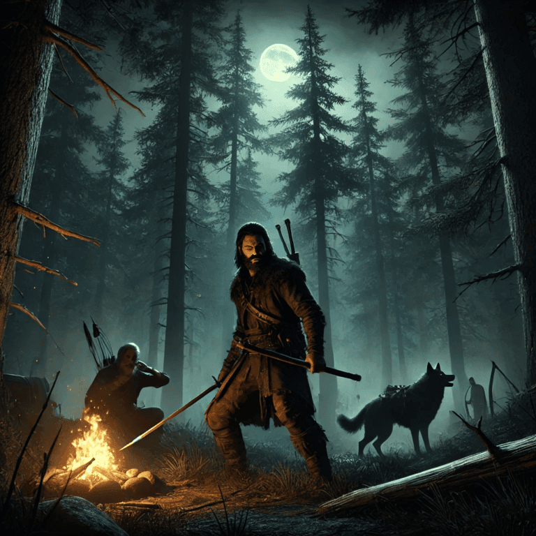 "Grimdark forest scene inspired by Joe Abercrombie’s First Law series, depicting towering pines and a campfire in the shadowy woods from 'Beneath the Pines' fan fiction."