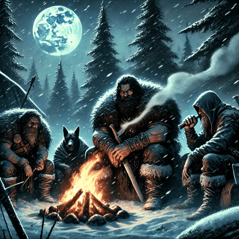 "Illustration inspired by Joe Abercrombie's First Law series, depicting a grimdark northern night with a campfire surrounded by rugged characters."