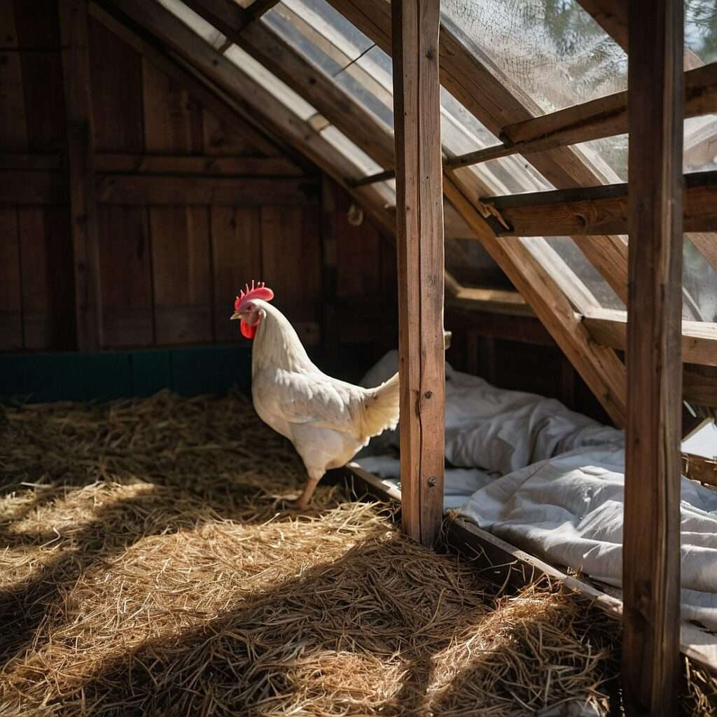 Pine needles used as bedding in chicken coop, providing a natural and eco-friendly option for comfort and cleanliness.