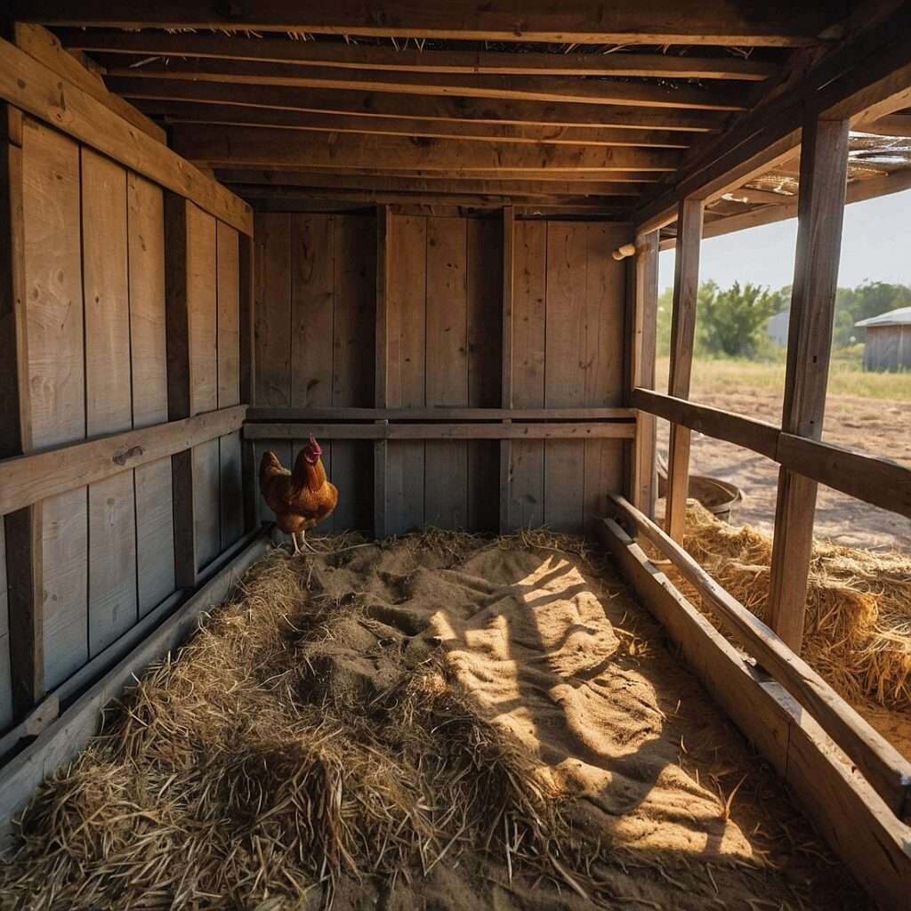 Sand and straw bedding in chicken coop providing a natural, absorbent, and comfortable surface for chickens.