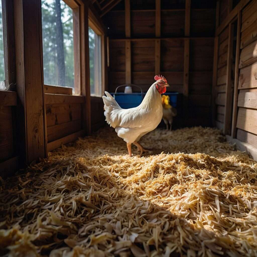 Wood shavings bedding in a chicken coop, providing a clean and comfortable surface for chickens.