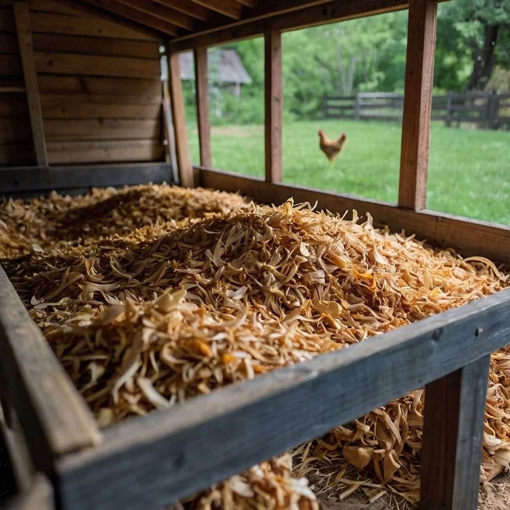 Layer of wood shavings on chicken coop floor for natural odor control and absorbency.