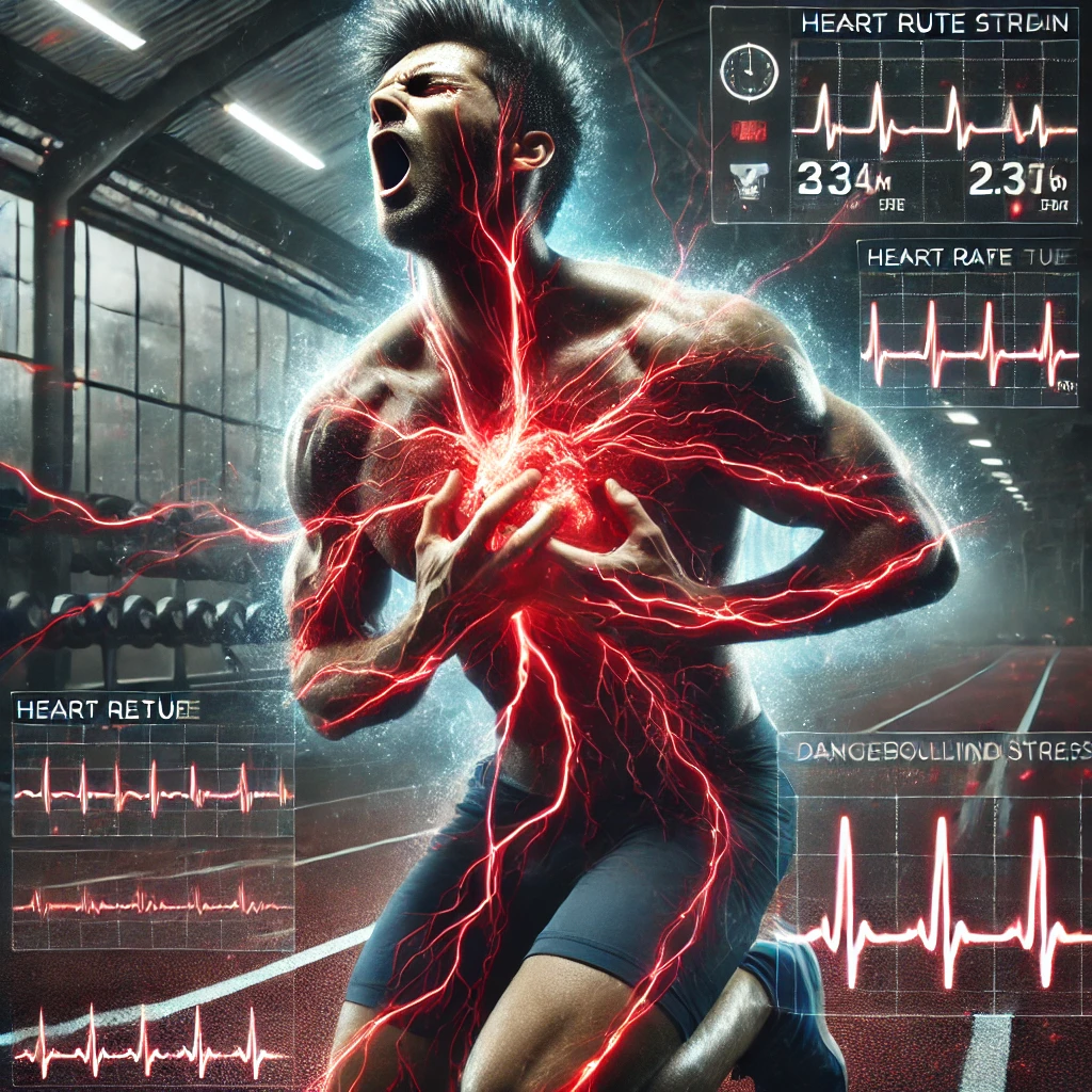 Distressed muscular athlete clutching his chest, with glowing veins and high heart rate indicators showing severe cardiovascular strain during exercise.