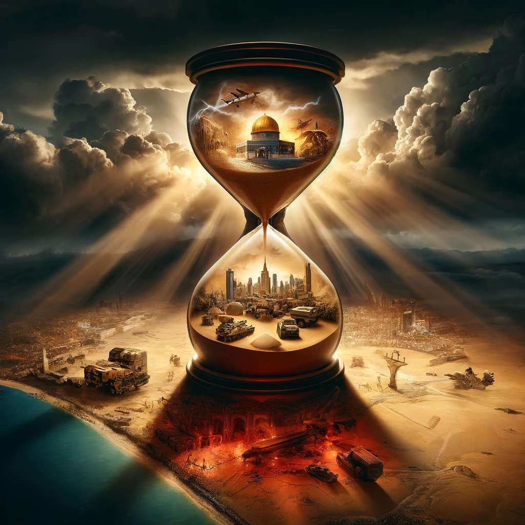 Epic cinematic poster depicting a cracked hourglass over a sepia-toned Middle East map, focusing on Israel. The hourglass contains miniature scenes of military vehicles, soldiers, cityscapes, and the Dome of the Rock, symbolizing the transition from peace to conflict. Dramatic storm clouds in the background, with dynamic lighting, emphasize the unfolding of Biblical prophecy."