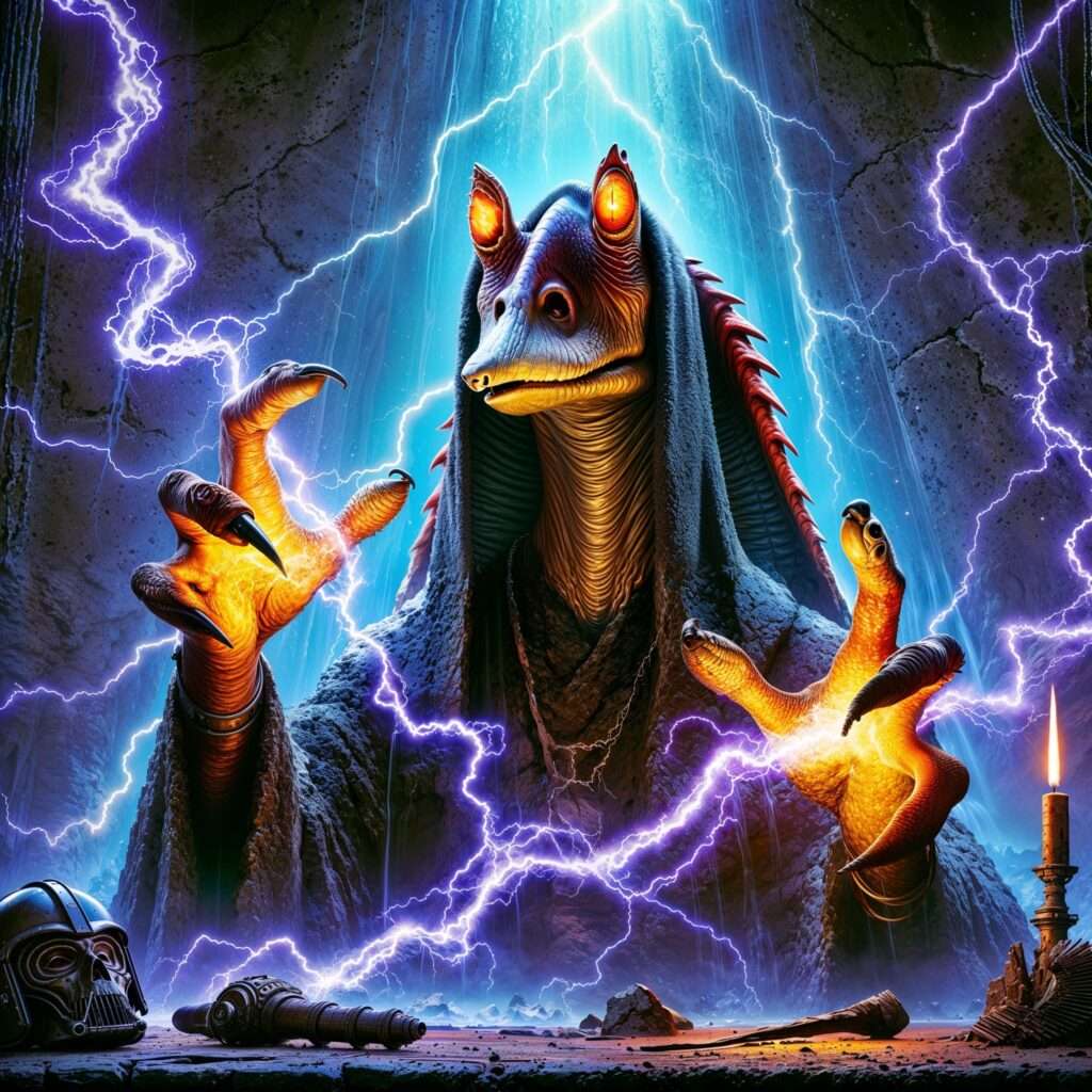 "Jar Jar Binks as a Sith Lord, summoning powerful Force lightning in a dramatic cave-like setting, with glowing yellow Sith eyes and ominous details like scattered debris and ancient artifacts."