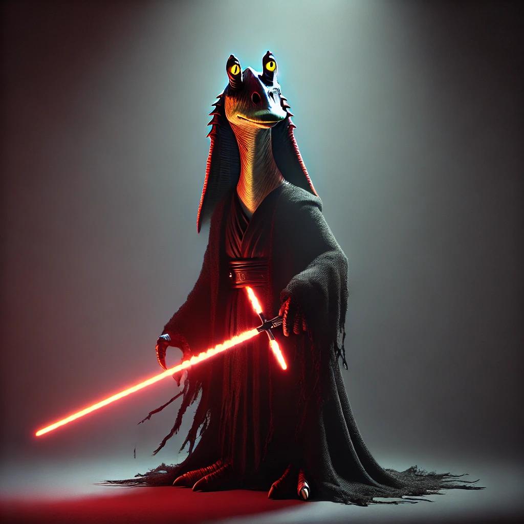 "Jar Jar Binks reimagined as a Sith Lord, standing in a minimalist setting, wielding a glowing red lightsaber with a dark hooded robe and glowing yellow Sith eyes."