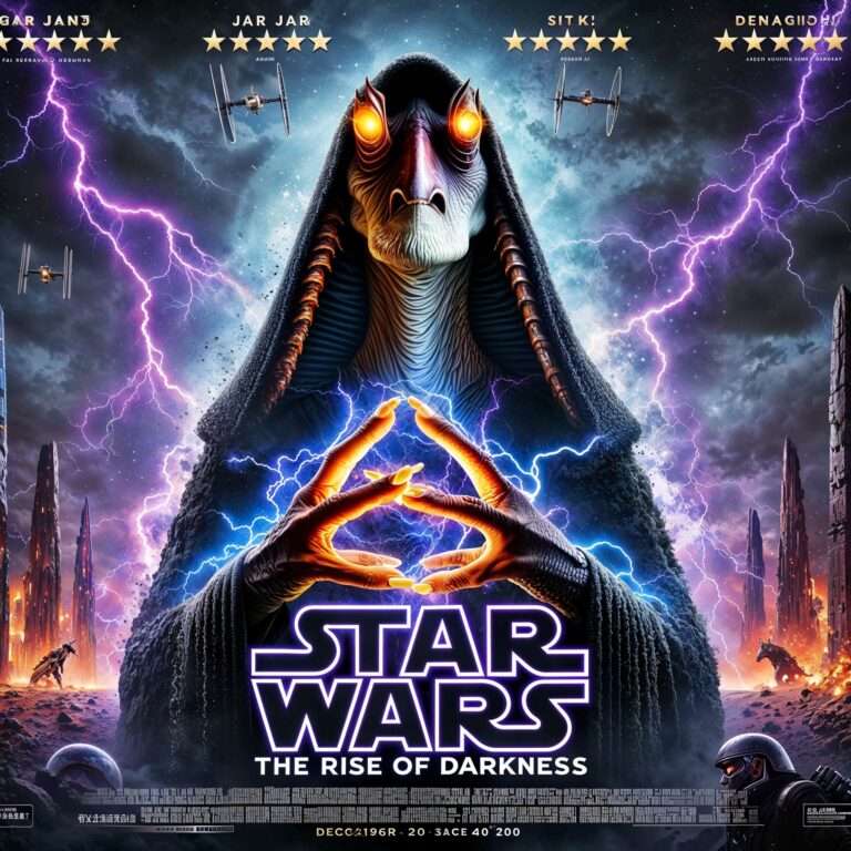 Jar Jar Binks depicted as a Sith Lord in a Star Wars-style movie poster titled 'The Rise of Darkness,' with glowing yellow eyes, Force lightning, and a dark hooded robe in a stormy, otherworldly landscape.