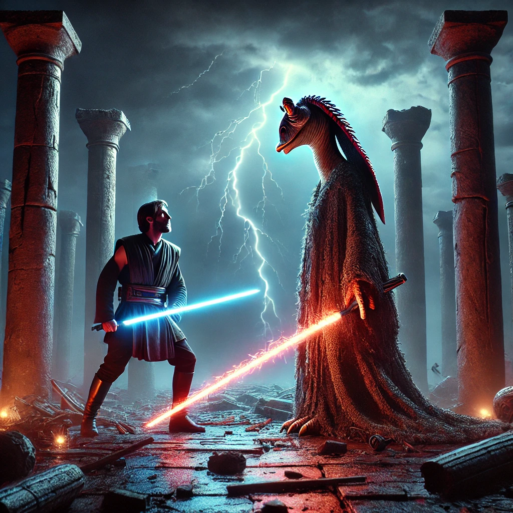 "A dramatic battle between a Jedi Knight and Darth Jar Jar in a ruined temple, with the Jedi wielding a blue lightsaber and Darth Jar Jar holding a glowing red lightsaber, surrounded by lightning and ancient pillars."