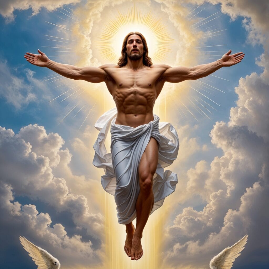 Jesus ascending to heaven with a muscular, bodybuilder physique, glowing with divine light and wearing a flowing white robe, surrounded by radiant clouds and angelic wings.


