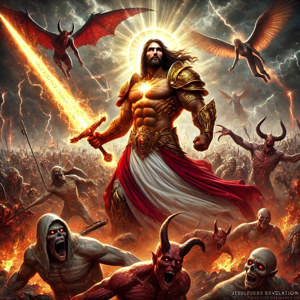 Jesus, depicted with a muscular physique, glowing sword, and crimson robe, leading a divine battle against grotesque demonic forces in an apocalyptic landscape.

