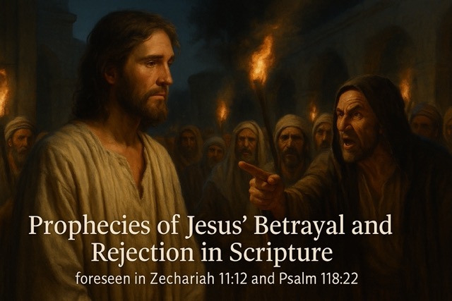 Jesus faces rejection from a torchlit crowd at night, fulfilling prophecies in Zechariah 11:12 and Psalm 118:22