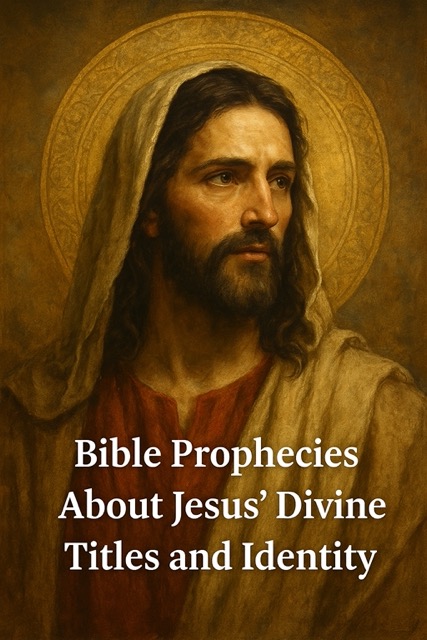 Portrait of Jesus Christ with halo, captioned "Bible Prophecies About Jesus’ Divine Titles and Identity" on golden background