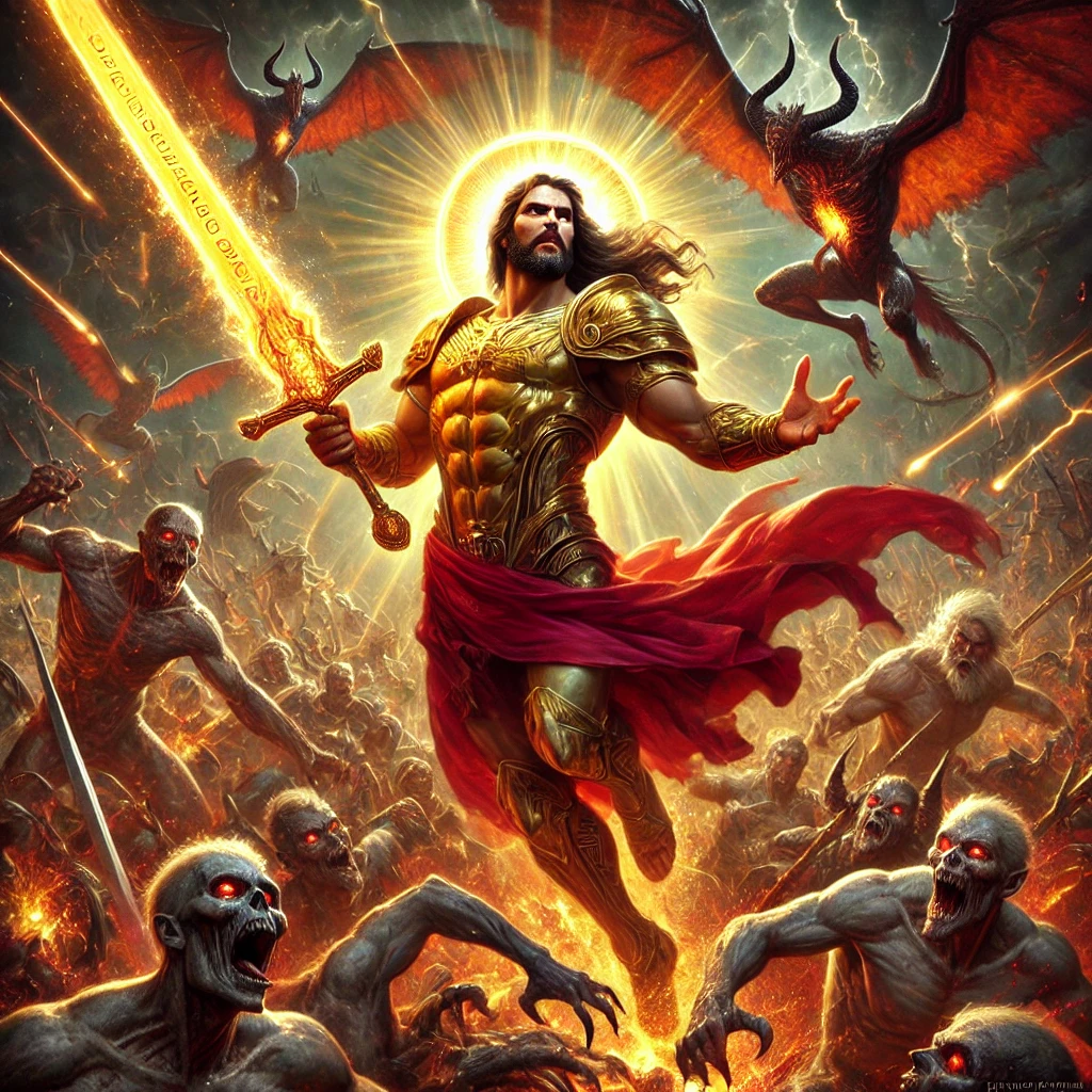 Jesus, depicted with a muscular physique, wielding a glowing sword in mid-combat against demonic forces from hell on an apocalyptic battlefield.

