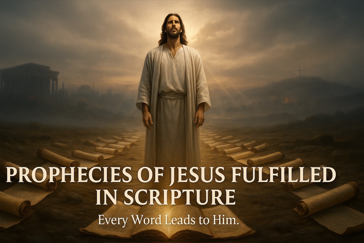 Jesus stands among glowing ancient scrolls, fulfilling scripture; photorealistic wide-angle image with sacred light