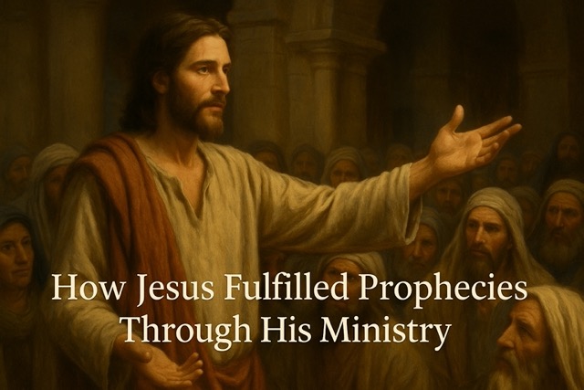 Jesus preaching to crowds with text: “How Jesus Fulfilled Prophecies Through His Ministry” — showing teaching and healing