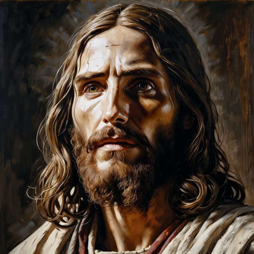 "Close-up portrait of Jesus with intense, thoughtful expression, symbolizing His role in the liar, lunatic, or Lord trilemma."

