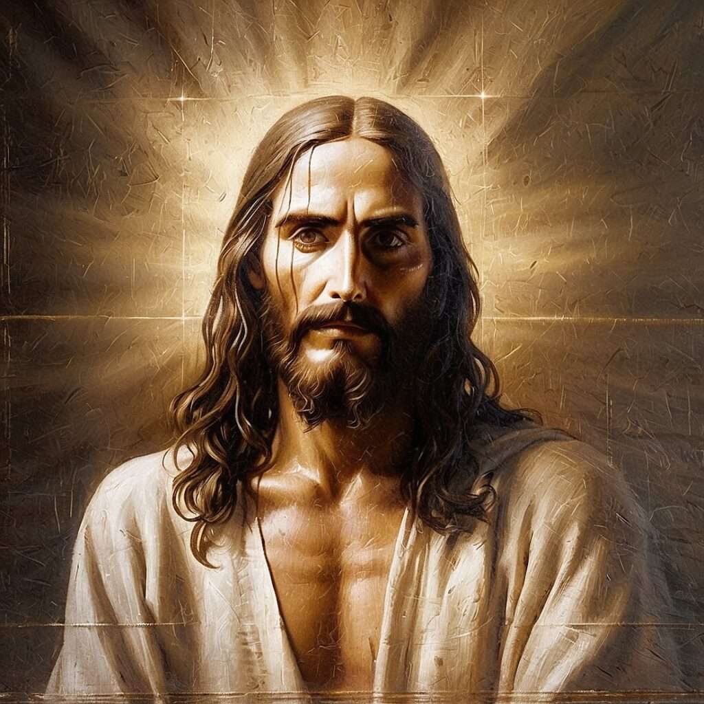 "Portrait of Jesus with a radiant glow and solemn expression, symbolizing His role as Lord in the liar, lunatic, or Lord argument."