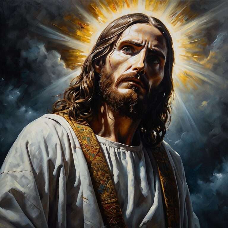 "Dramatic portrait of Jesus with a radiant halo and ornate robe, set against a stormy background, symbolizing His divine identity in the liar, lunatic, or Lord trilemma."