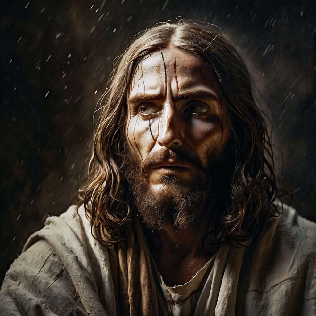 "Dramatic portrait of Jesus in the rain with a solemn and intense gaze, symbolizing the theological debate of liar, lunatic, or Lord in C.S. Lewis’s trilemma."

