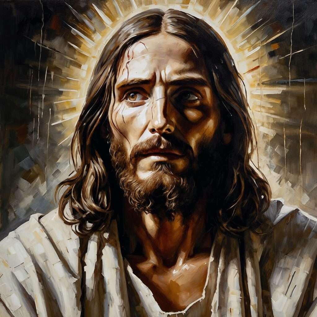 "Dramatic portrait of Jesus with a radiant halo and solemn gaze, symbolizing His role in C.S. Lewis’s trilemma: liar, lunatic, or Lord."

