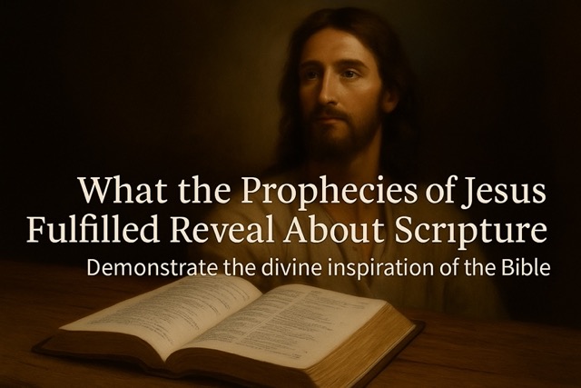 Jesus behind an open Bible, with text: “What the Prophecies of Jesus Fulfilled Reveal About Scripture”