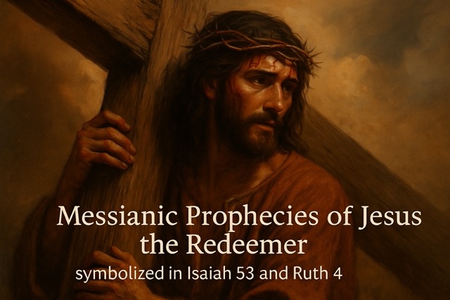 Jesus carrying the cross with a crown of thorns, fulfilling prophecies from Isaiah 53 and symbolized in Ruth 4
